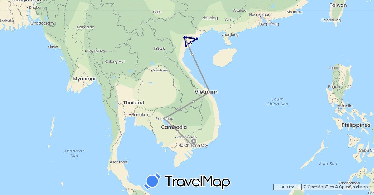 TravelMap itinerary: driving, plane in Cambodia, Vietnam (Asia)